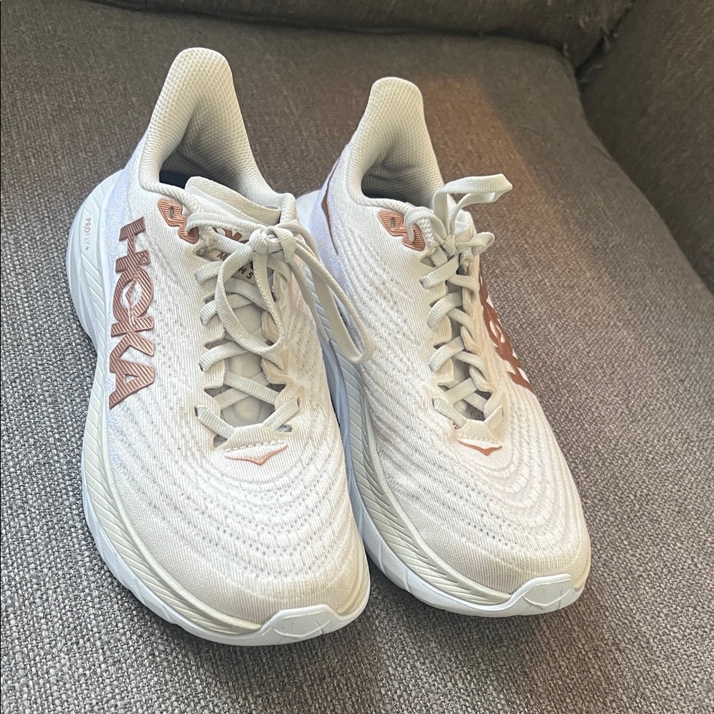 Hoka Women's Cream and Rose Gold Athletic Running Shoes